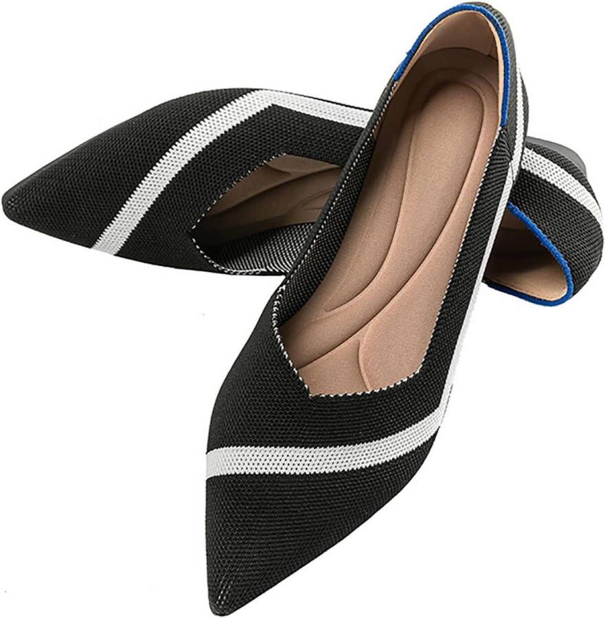 Dames Ballet Flats Puntneus Gebreide Jurk Schoenen Slip On Casual Opvouwbare Ballerina Wandelschoenen Zwart Wit EU Comfortabel Stijlvol Ondersteunend