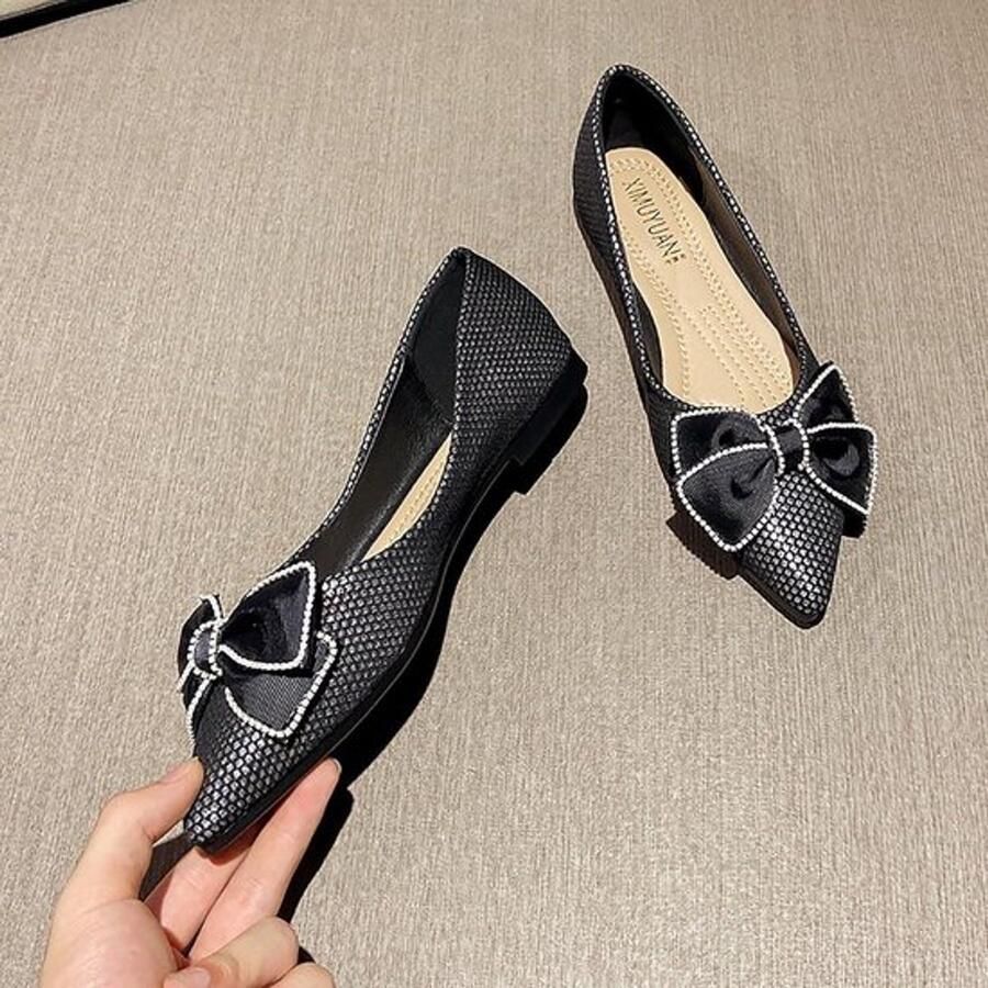 Dames Ballet Schoenen Platte Slip-on Met Strikken Zilveren Kralen Casual Ballerina Pumps Loafers Geschikt voor Dressy Outfits Zwart