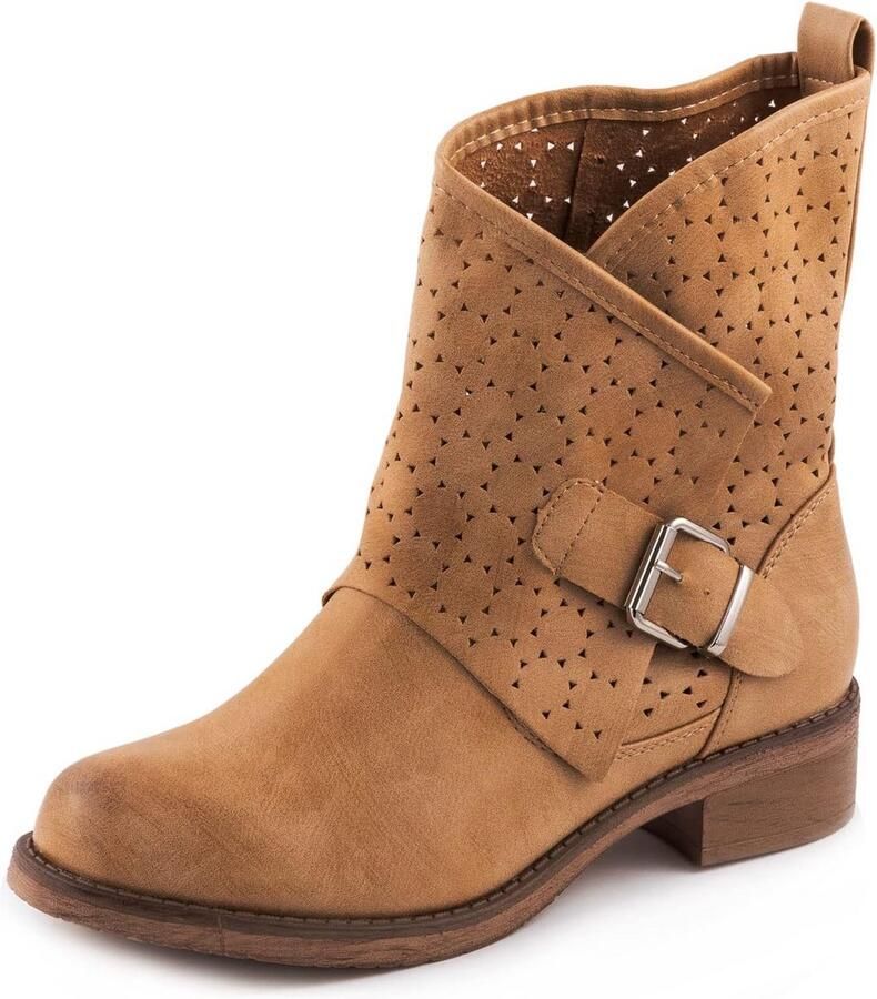 Dames Bikerlaarzen Plat met Gesp en Geperforeerde Details