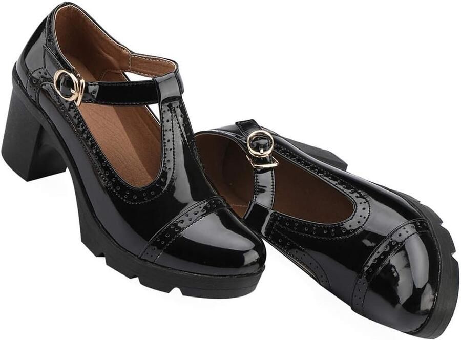 Dames Blokhak Mary Janes Brogue Pumps