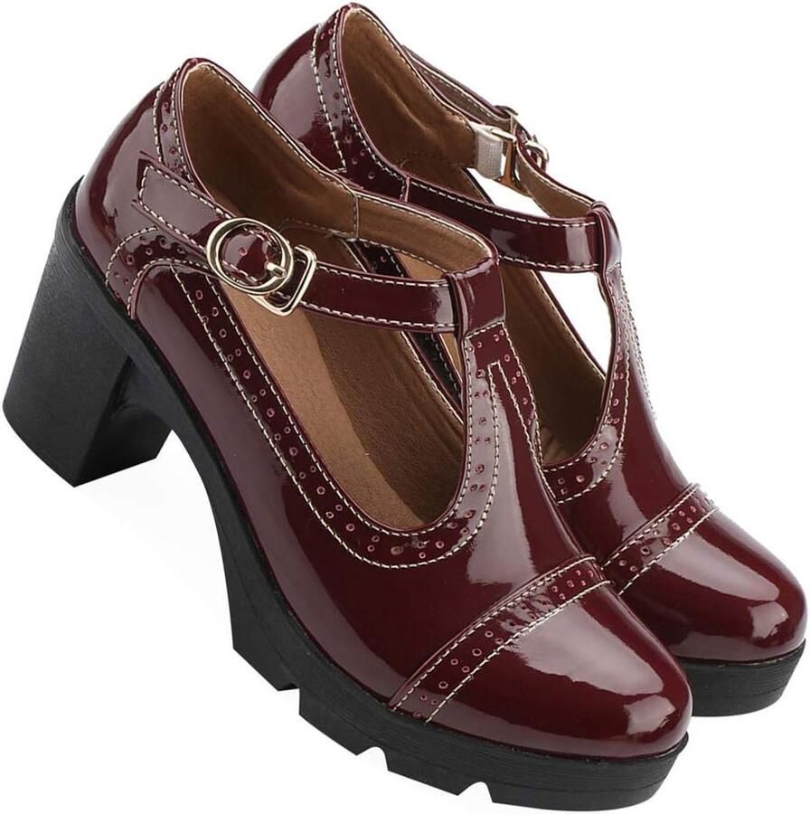 Dames Blokhak Mary Janes Brogue Pumps Verstelbare T-Band PU-Leer Uniform Kantoor Nette Schoenen