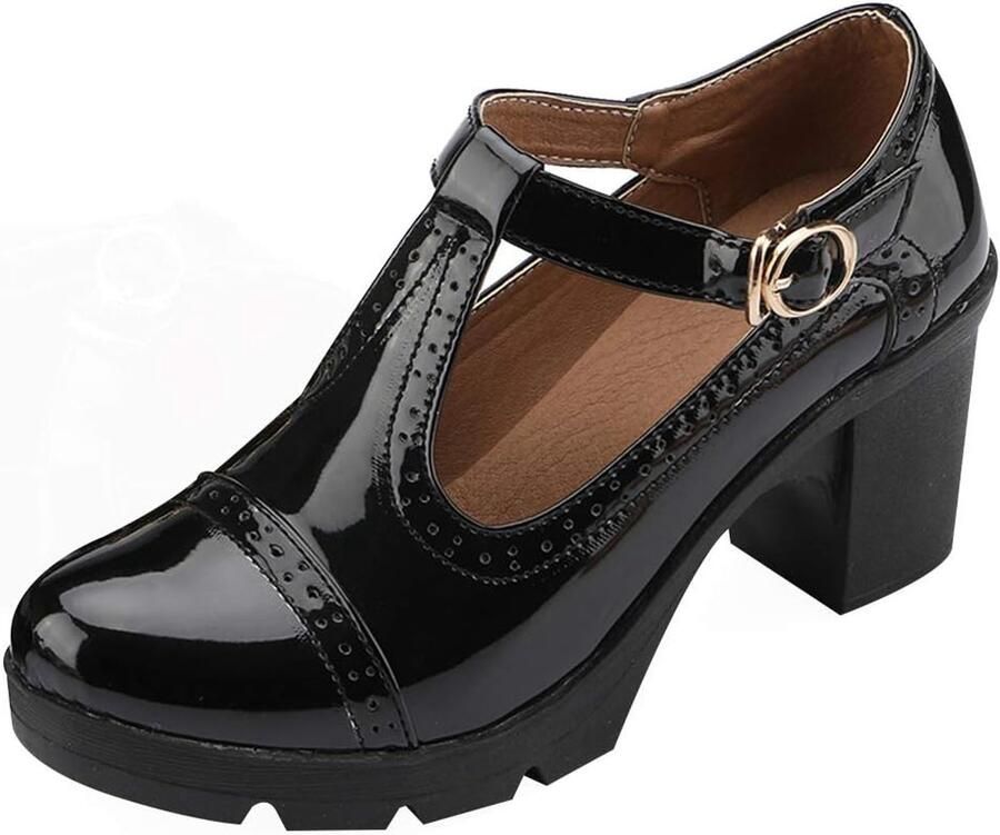 Dames Blokhak Mary Janes Brogue Pumps Verstelbare T-Band PU-Leer Uniform Kantoor Nette Schoenen - Foto 1