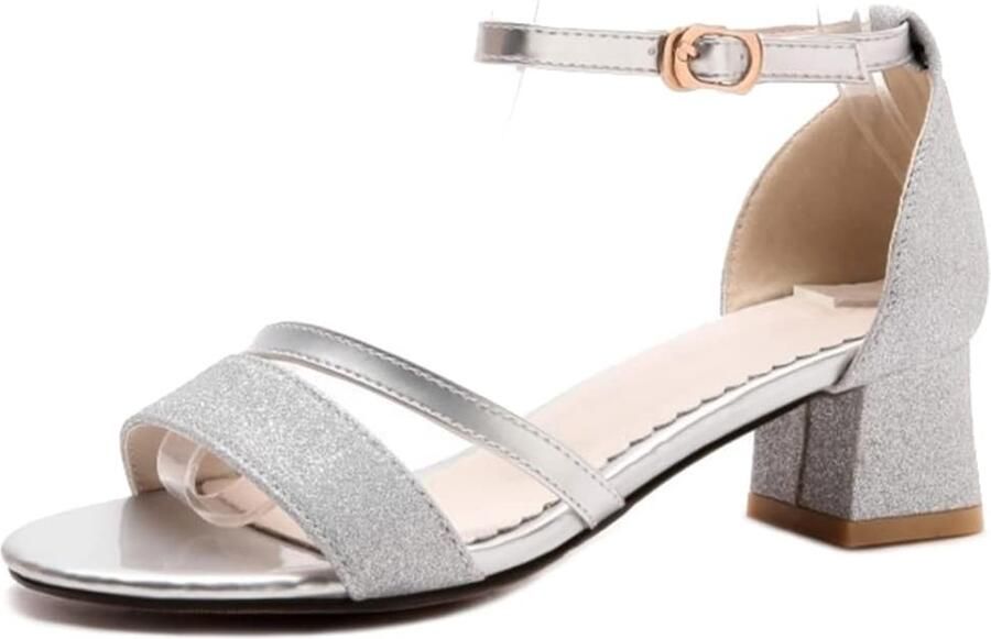 Dames Blokhak Sandalen Zilver Open Teen Zomer Schoenen