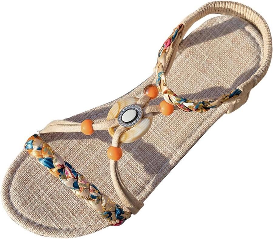 Dames Bohemian Zomer Sandalen Platte Zandkleurige Sandaal met Stenen en Parels - Foto 1