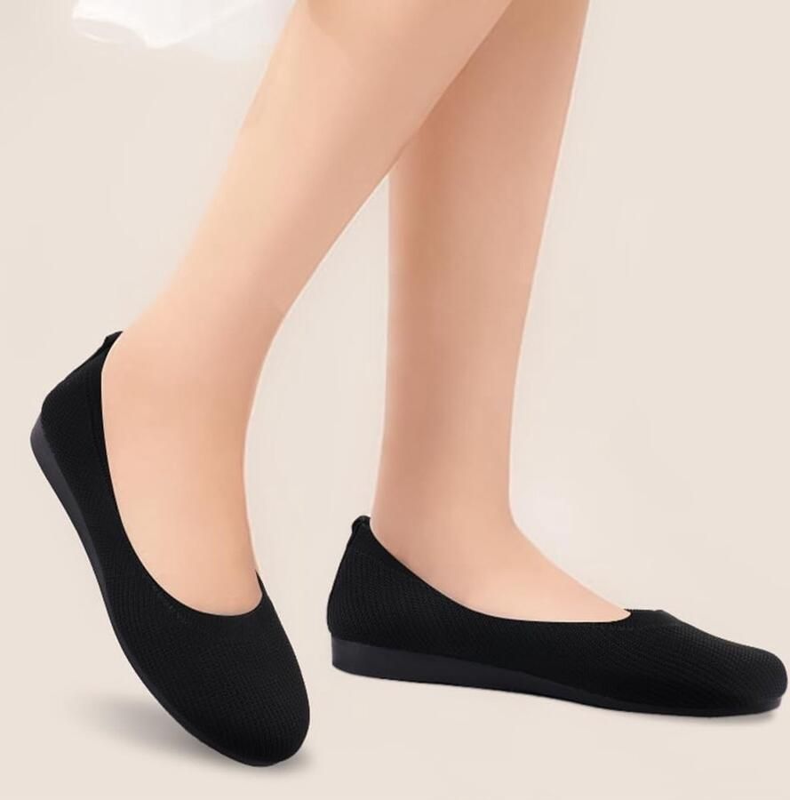 Dames Brede Ballerina's van Gebreid Materiaal in Zwart Casual Comfortabel en Ademend Design