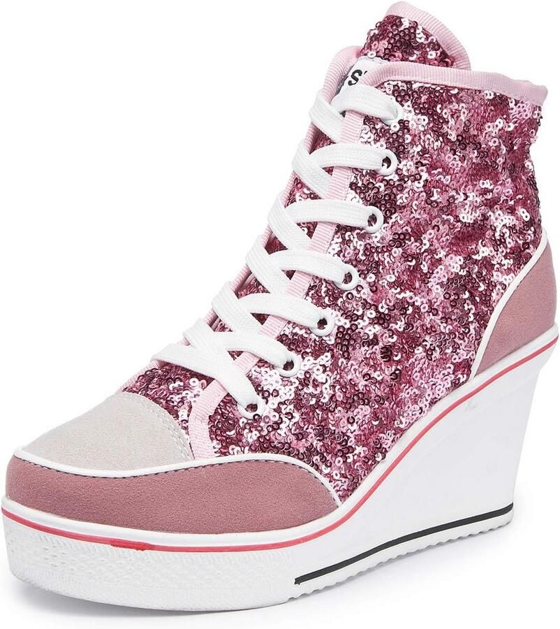 Dames Canvas Wedge Sneakers Enkellaarsjes Plateauzolen met Ritssluiting en Veters Hoge Sneaker Pumps