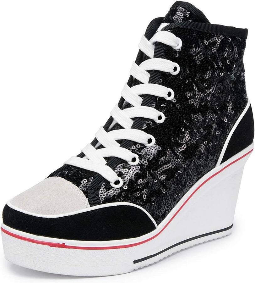 Dames Canvas Wedge Sneakers Hoog Dikke Zool Met Rits en Veters