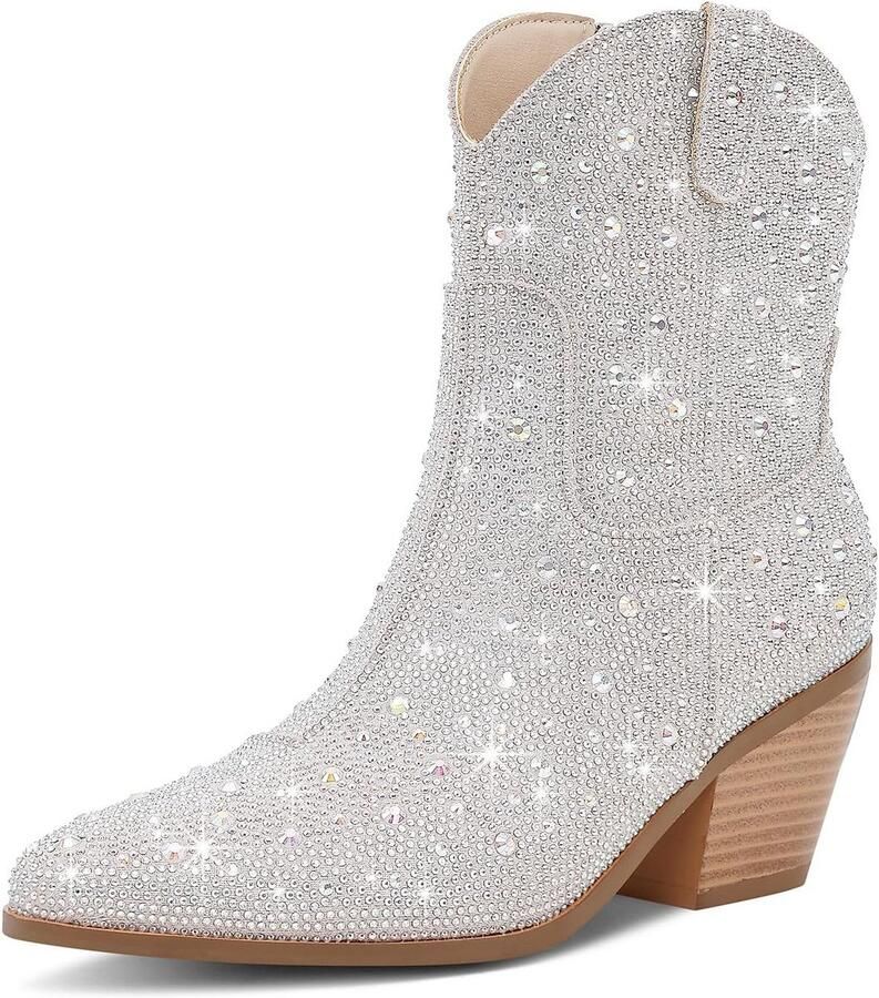 Dames Cowboy Enkellaarsjes met Strass en Chunky Hak Comfortabele Western Booties