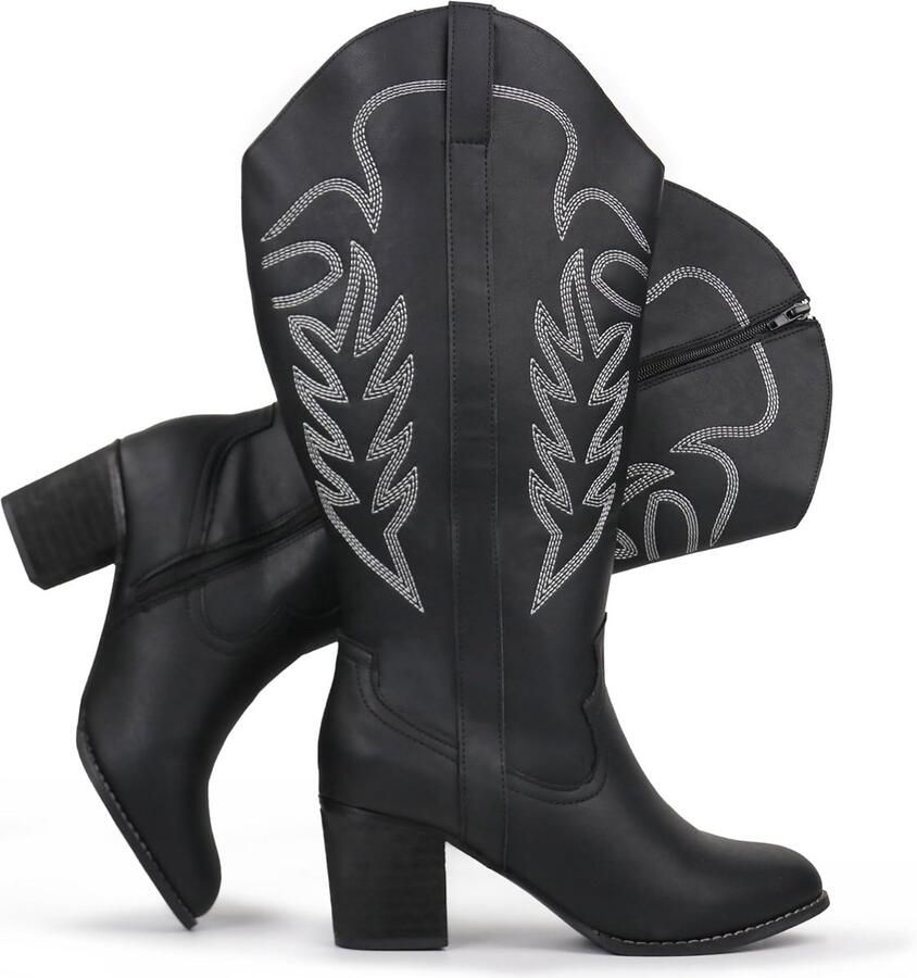 Dames Cowboy Laarzen Extra Brede Schacht Geborduurd Westers Laarzen Kniehoog