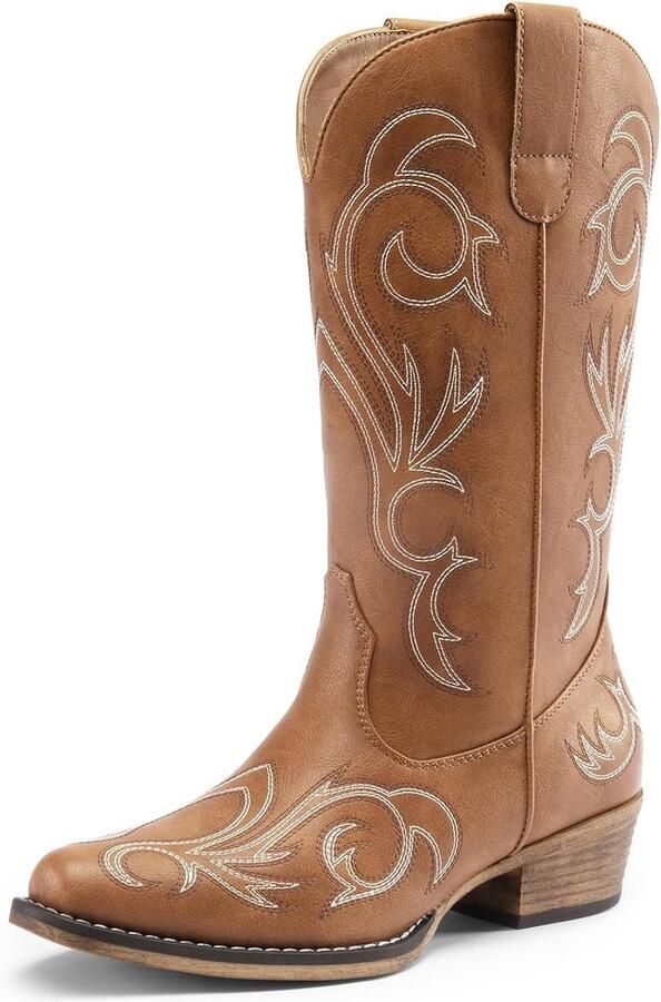 Dames Cowboy Laarzen Middelhoge Westerse Laarzen met Borduurwerk Dikke Hak