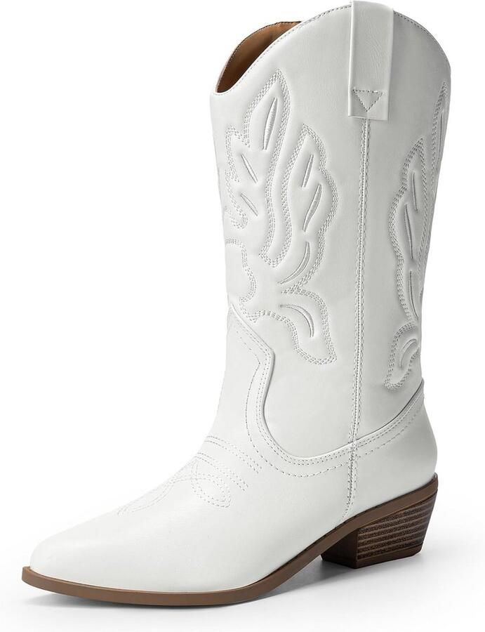 Dames Cowboylaarzen Wit Halfhoog Model met Gedetailleerd Western Borduurwerk