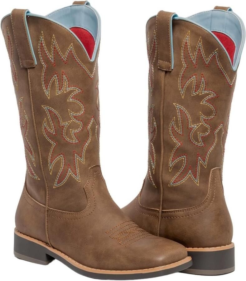 Dames Cowboy Laarzen met Vierkante Neus en Brede Schacht Mid Kalf Westerse Stijl