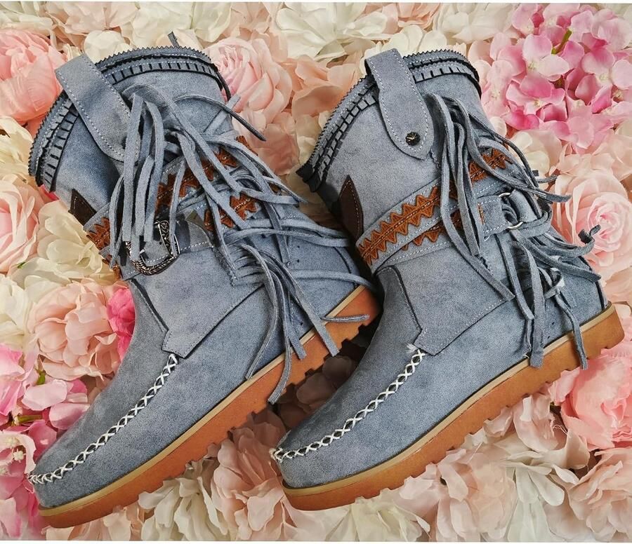 Vrouwen Cowboylaarzen met Franje en Verborgen Wedge Hak voor Feest en Bruiloft in Nubuck Leer met Strass en Glanzend Design