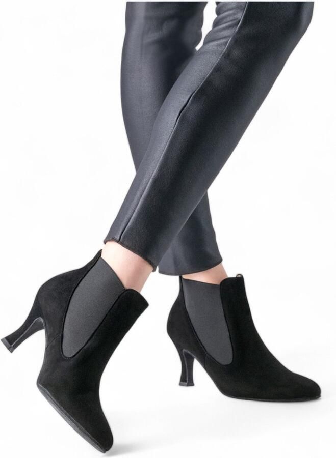 Dames Danslaars Carina Zwart Suède met Hak Elastische inzetstukken Suède zool Casual Salsa Bachata Social Dansschoenen Laarsjes Werner Kern zwart