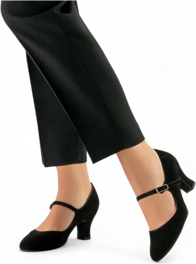 Dames Dansschoenen voor bredere voeten Werner Kern Ashley Zwarte suede met suede buitenzool Blokhak Swing Ballroom Salsa Lindy Hop en Tango Werner Kern Zwart