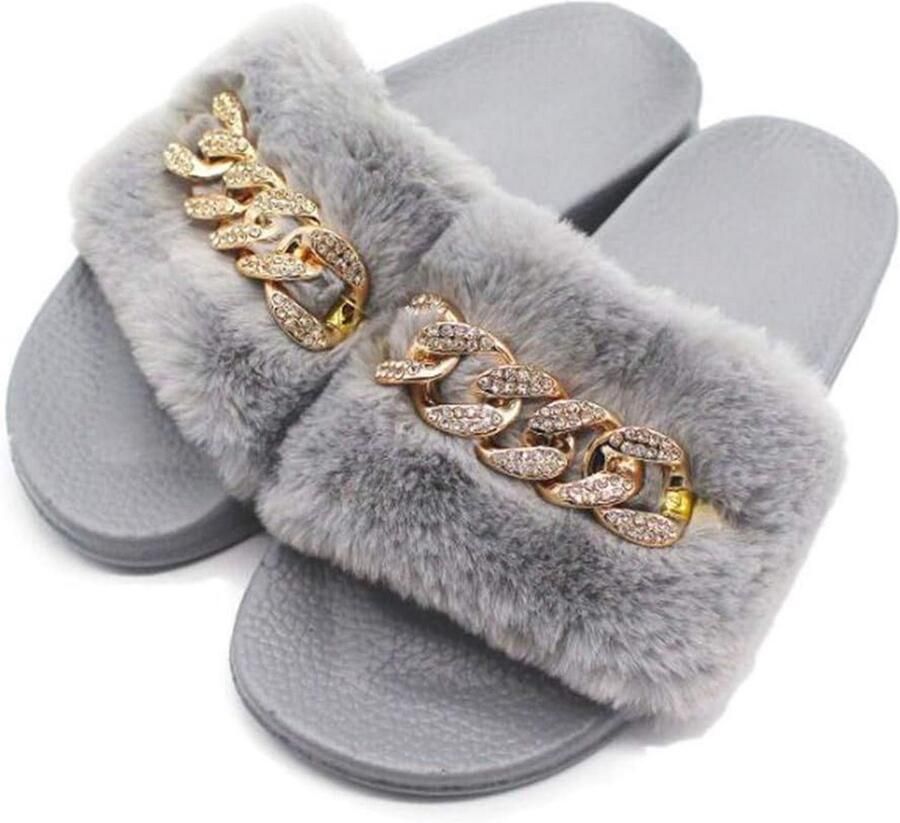 Dames en meisjes sandalen met strass en pluche Comfortabele platte instappers voor binnen en buiten