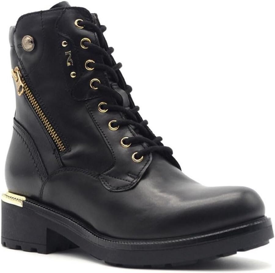 Dames Enkellaarzen met Goudkleurige Details en Blokhak