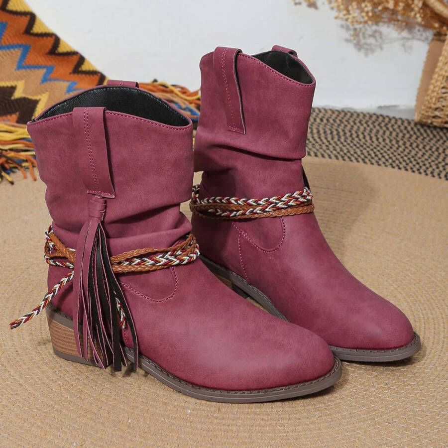 Dames Enkellaarzen met Lage Hak en Kwastjes Klassieke Slip On Mode Laars