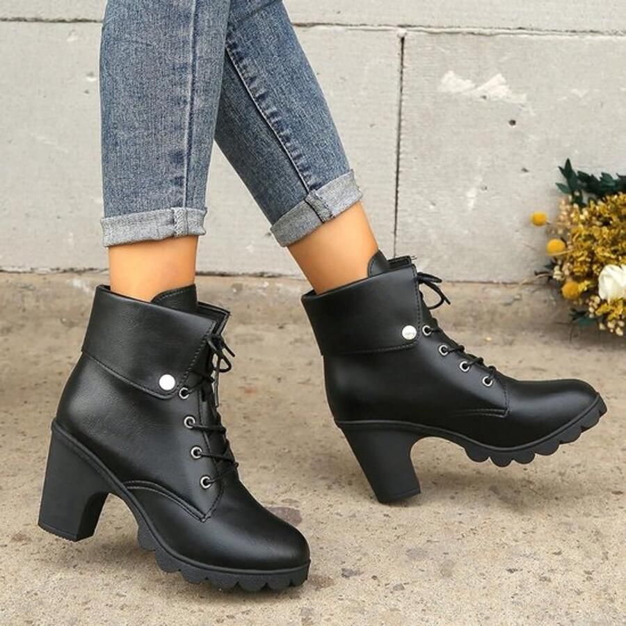 Dames Enkellaarzen Veterschoenen Blokhak Zwart Halfhoge Hak Plateauzool Trendy Design Geschikt voor Feesten en Gelegenheden Stijlvol Model met Comfortabele Pasvorm