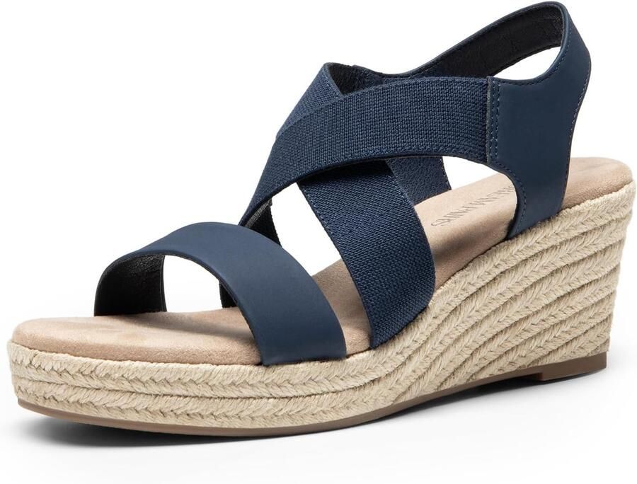 Dames Espadrille Sleehak Sandalen met Elastische Enkelband Marineblauw