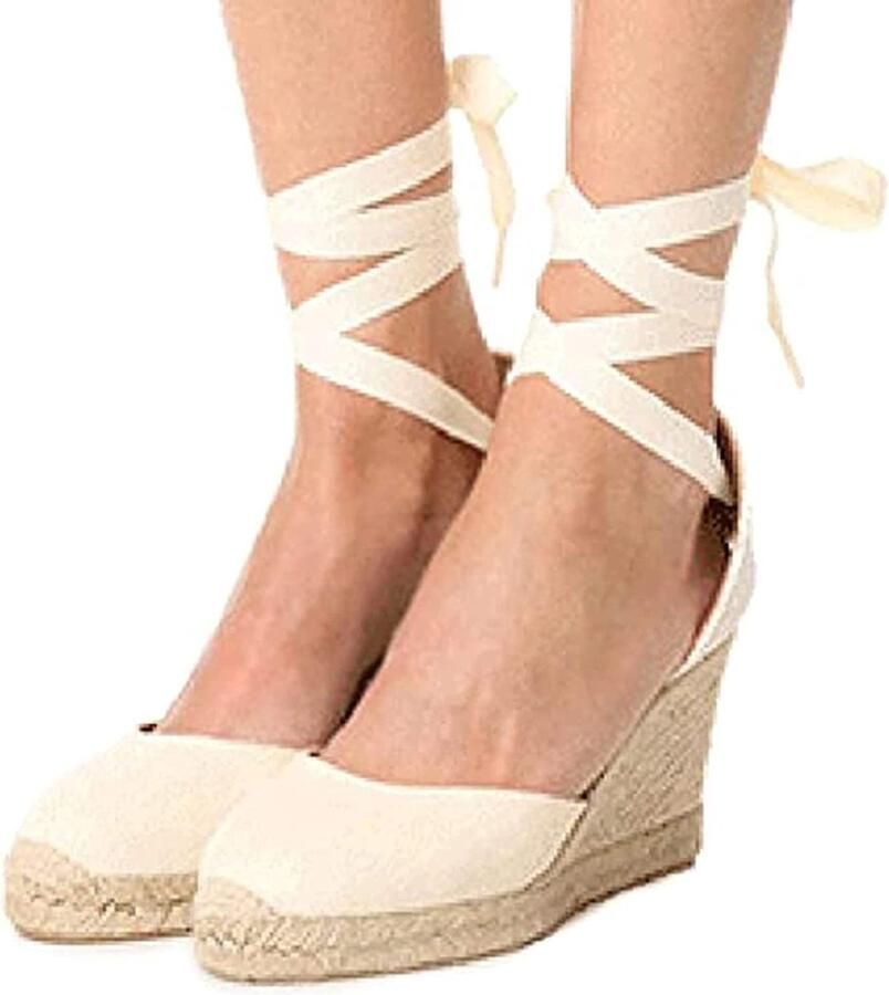 Dames Espadrille Sleehak Sandalen met Veters Beige