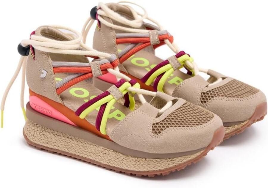 Dames Espadrille Sneakers Beige met Gekleurde Veters en Comfortabele Zool