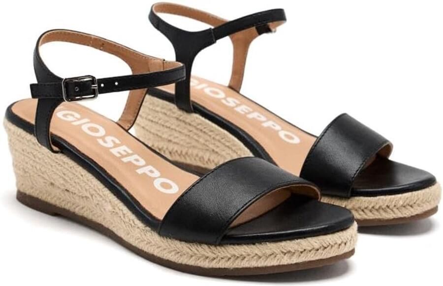 Dames Espadrilles met Jute Wedge en Gesp Zwart Leer