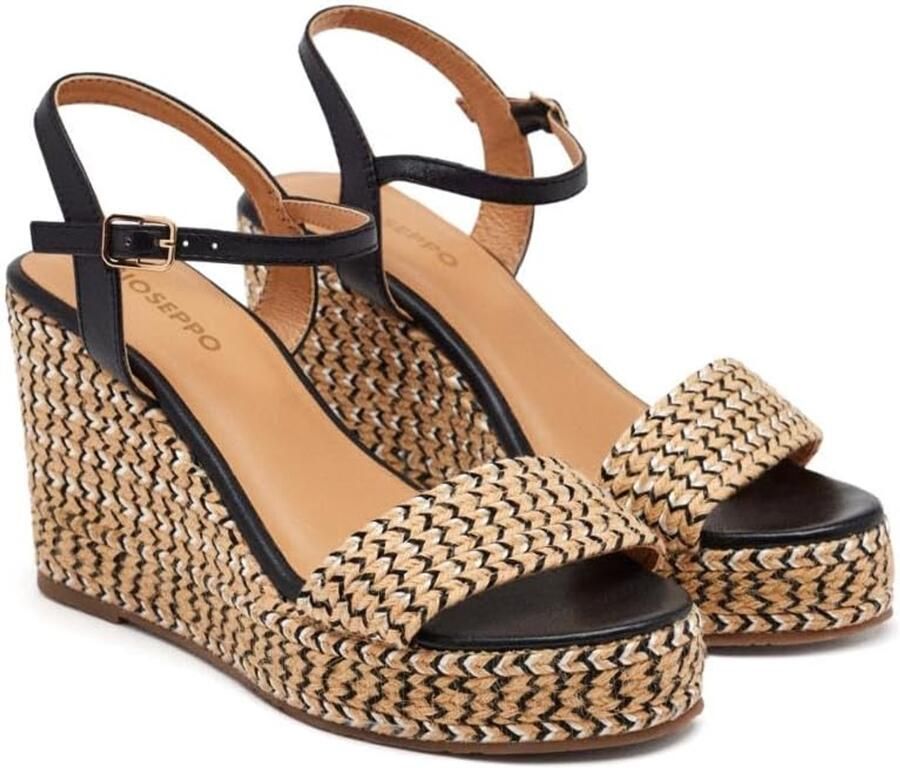 Dames Espadrilles met Jute Sleehak en Leren Bandjes Zwart