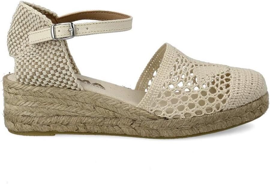 Dames espadrilles met lage sleehak en gehaakte stof hak enkelband met gesp zwart en beige gemaakt in Spanje