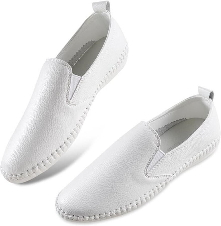 Dames Flats Comfortabele Ronde Neus Witte Lederen Pumps Instapper Casual Geleden Platte Pumps Zachte Rubberen Zool