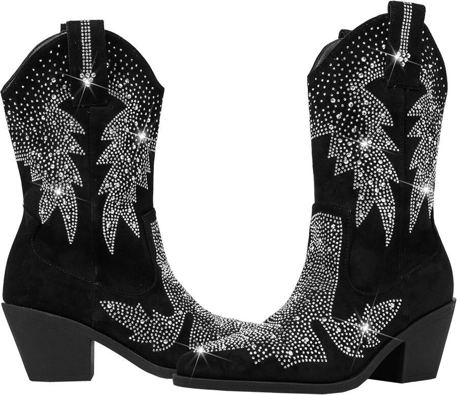 Dames fonkelende strass bling cowgirl suède western laarzen glanzend spitse teen dikke hiel glitter enkellaarzen