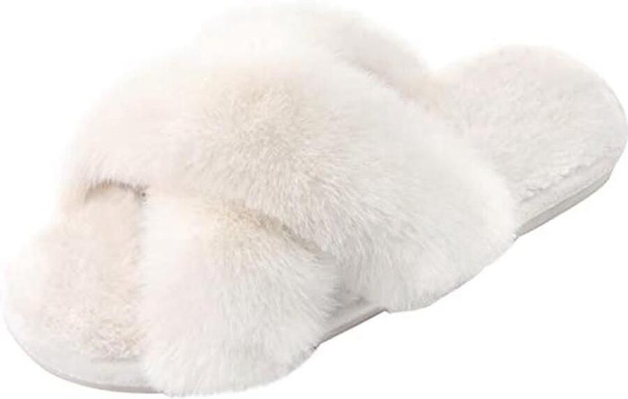 Dames Fuzzy Slippers Comfortabele Open Teen Huisschoenen met Geheugenfoam Binnenpantoffels in Off-White