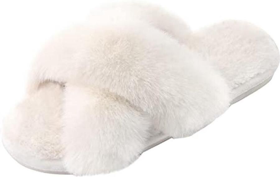 Dames Fuzzy Slippers Comfortabele Open Teen Huisschoenen met Geheugenfoam Binnenpantoffels in Off-White