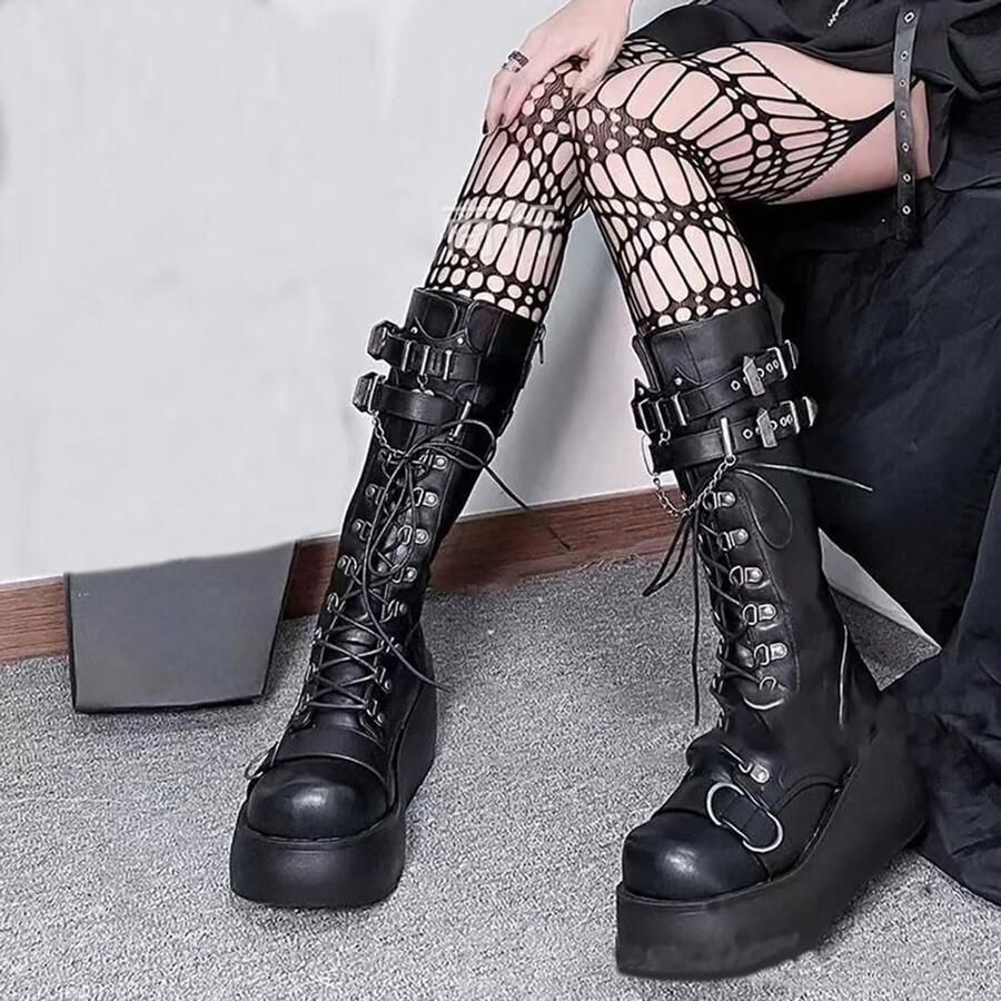 Gothic Enkellaarsjes met Bat Wing Buckles en Dikke Blokhak voor Dames Comfortabele Punk Motorlaarzen met Ronde Neus en Ritssluiting