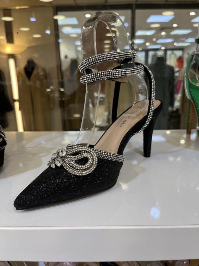 DAMES HAKKEN ZWART PUMPS GLITTER MUILTJES MET STRIKDETAIL