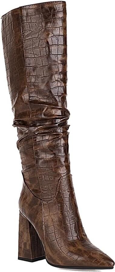 Dames Hoge Laarzen Krokodillenprint Blokhak Puntige Neus Comfort Laarzen Herfst Winter