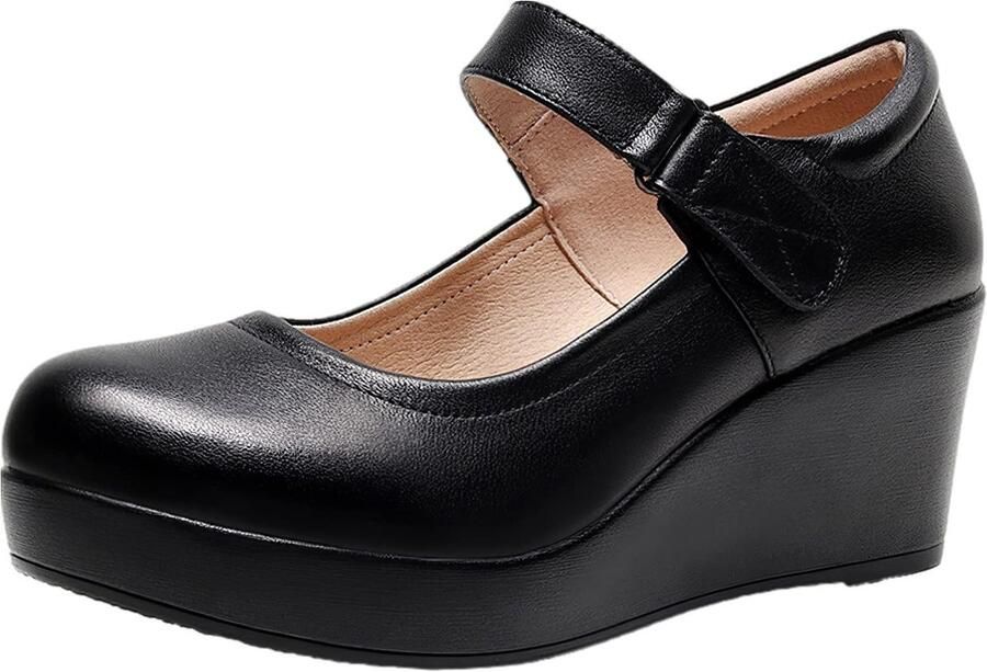 Dames Hoge Plateau Sleehak Pumps Zwart met Klittenband