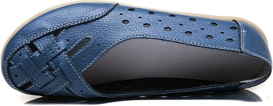 Dames Hollow Out Comfortabele Leren Loafers Casual Ronde Neus Mocassins Zachte Wandelschoenen in Navy Blauw