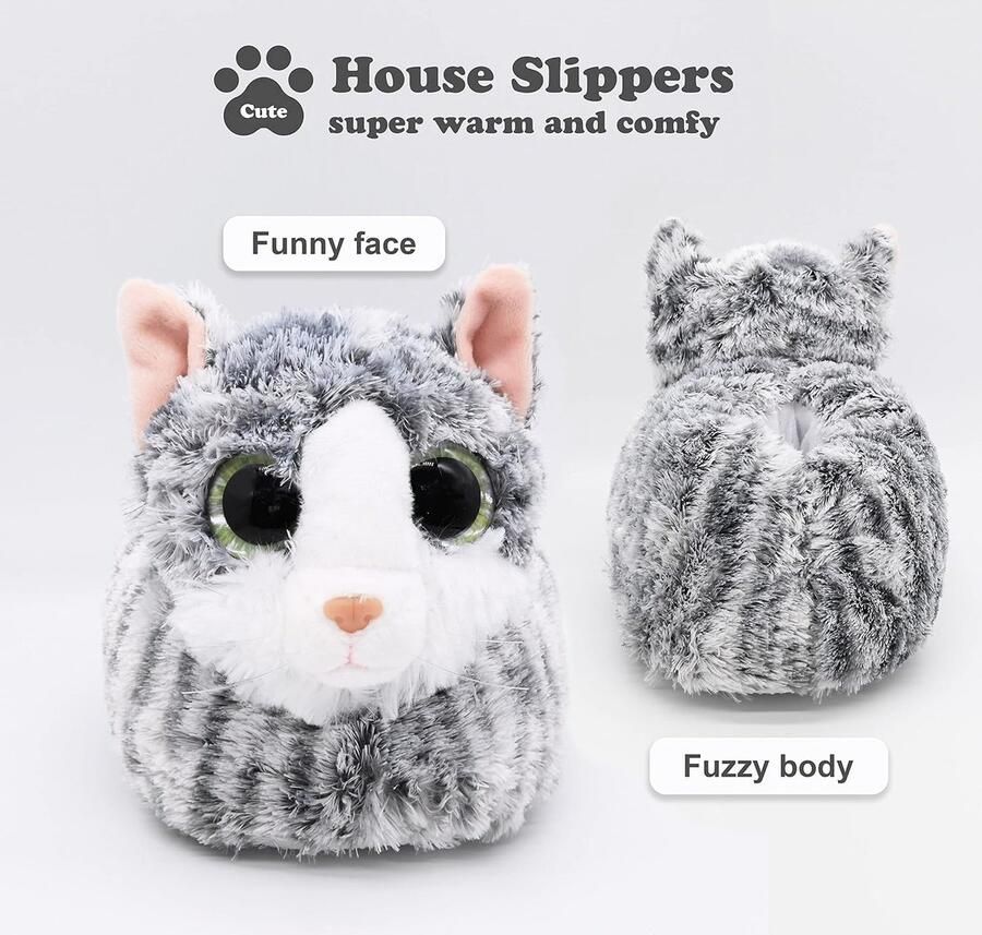 Dames Indoor Fuzzy Winter Dier Cat plsch Soft Kitty Pantoffels Mooie Kat met Grote Ogen