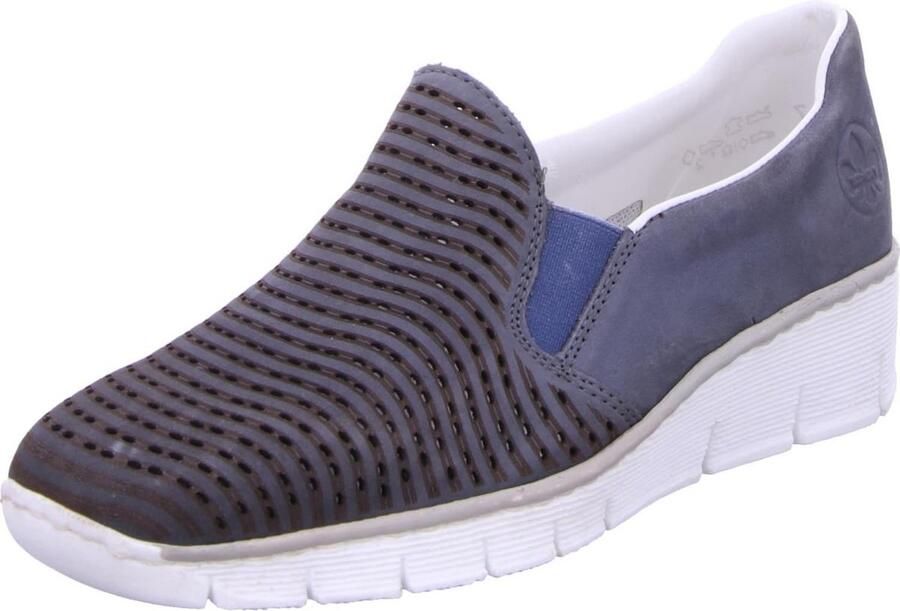 Dames Instappers Blauwe Nubuck Platte Zwarte Zool Comfortabele Wedge