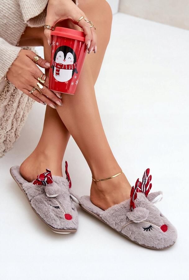 Dames Kerstslippers met Rendier Donker Beige