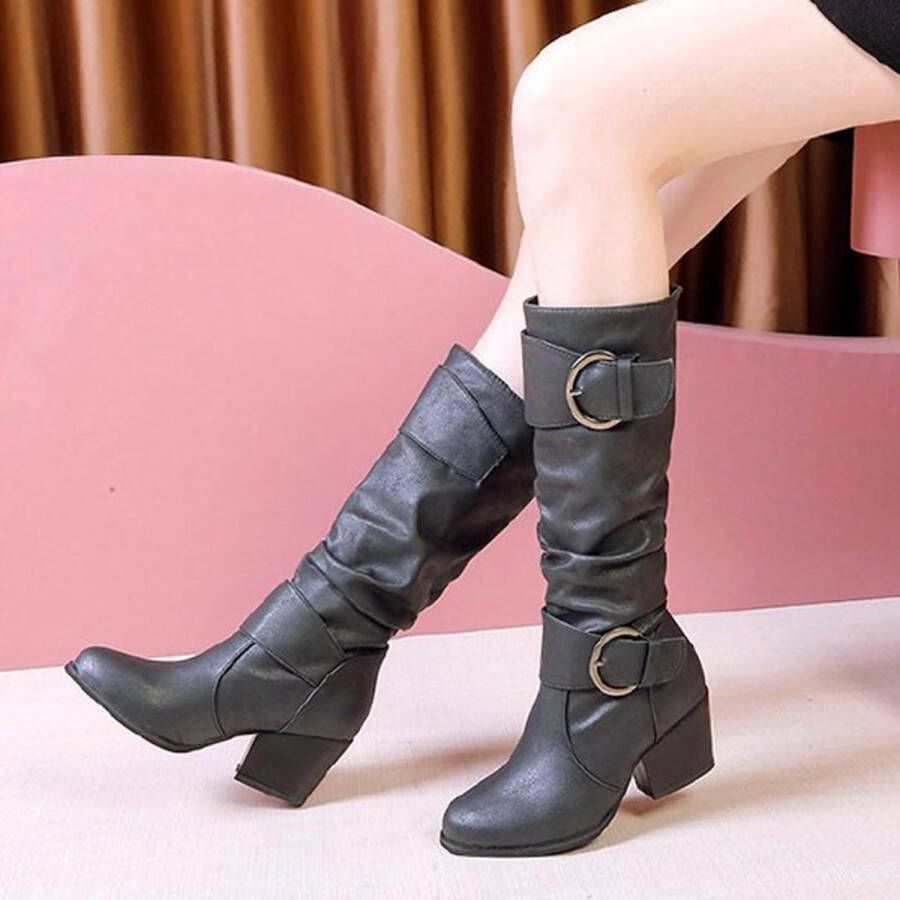 Dames Knie Hoge Laarzen Chunky Hakken Casual Gesp Puntschoen Comfort Winter Trendy Enkellaarsjes uk tot 8uk