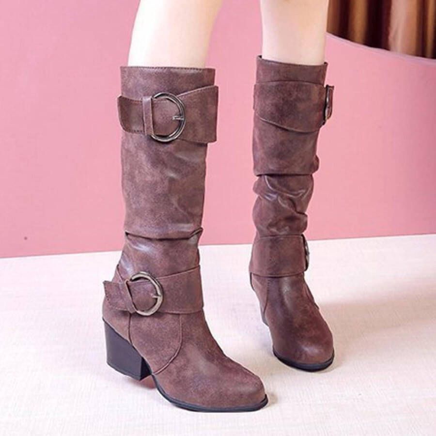 Dames Knie Hoge Laarzen Chunky Hakken Gesp Puntige Neus Comfort Winter Enkellaarsjes Bruin