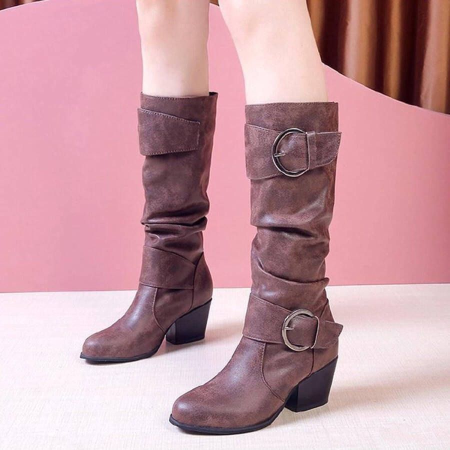 Dames Knie Hoge Laarzen Chunky Hakken Gesp Puntschoen Winter Enkellaarsjes uk Bruin 40.5 Comfortabele Mode Trendy Stijl voor Vrouwen