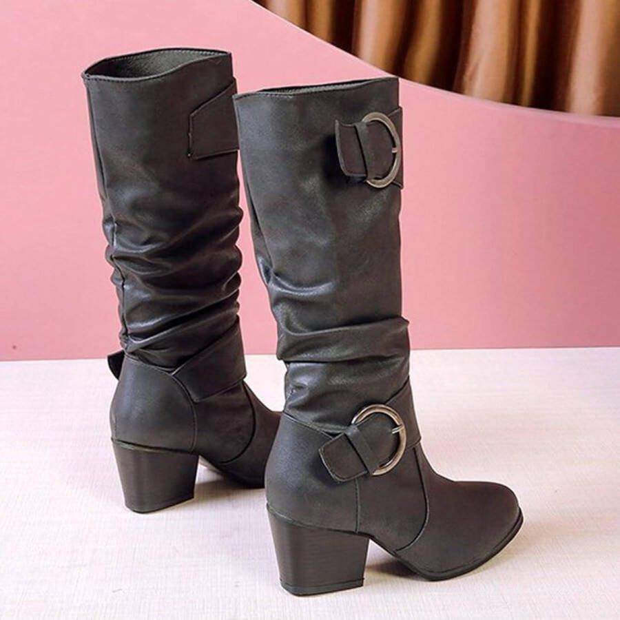 Dames Knie Hoge Laarzen Mode Chunky Hakken Casual Gesp Puntschoen Klassieke Comfort Winter Enkellaarsjes uk
