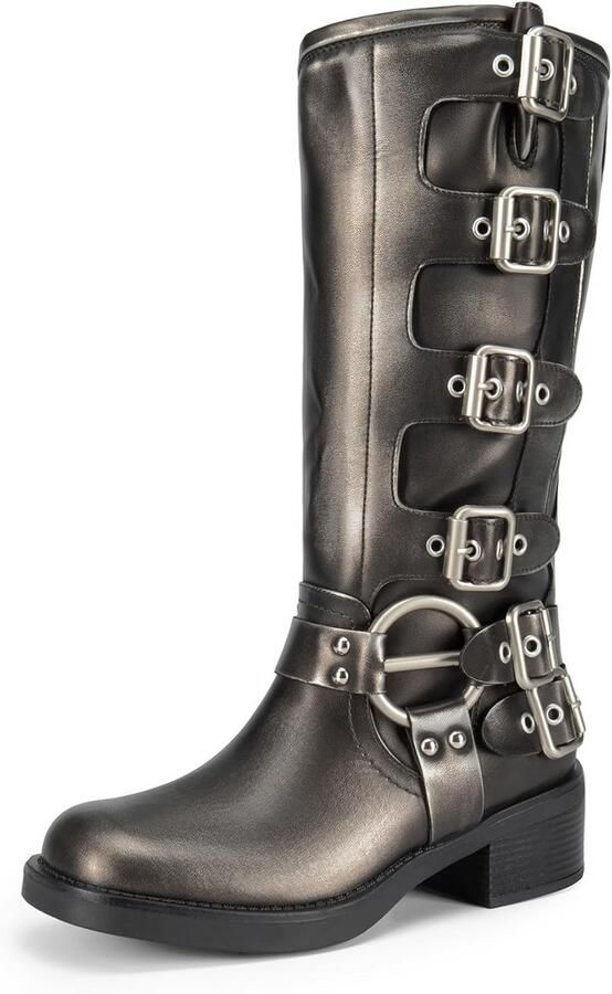 Dames Kniehoge Rijlaarzen Vierkante Neus Blokhak Motorstijl