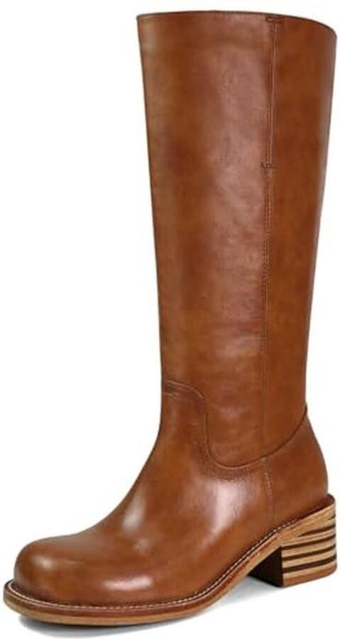 Dames Knielaarzen met Vierkante Neus Chunky Block Heel Comfortabele Lage Hak Lange Boots voor Vrouwen