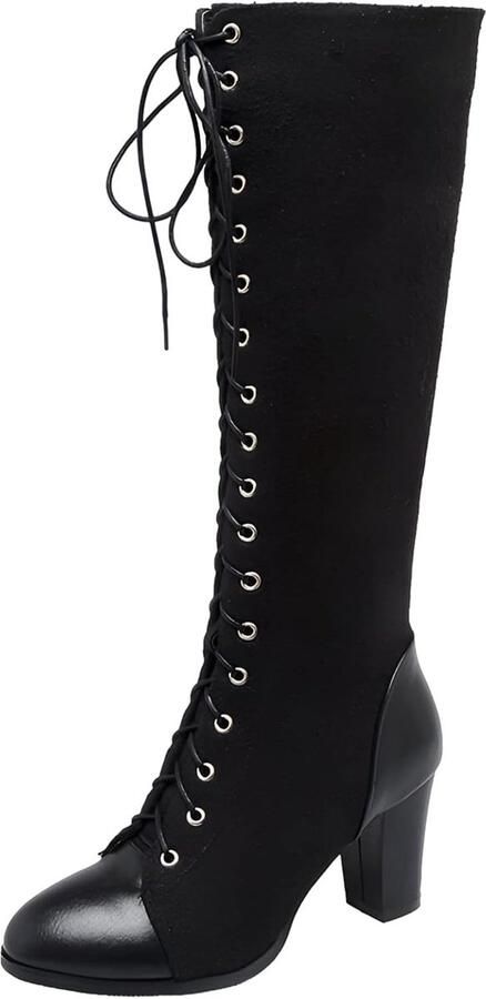 Dames Laarzen Hoge Blokhak Laarzen Motorrijden Casual Zijrits Vetersluiting Schacht Hak Bruin