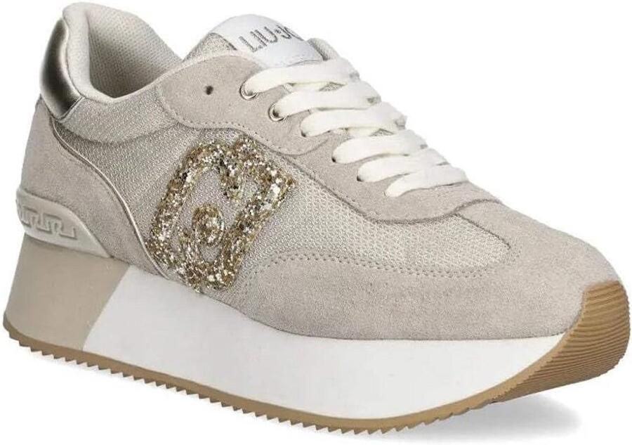 Dames Lage Sneakers Beige met Goudkleurige Details en Plateauzool