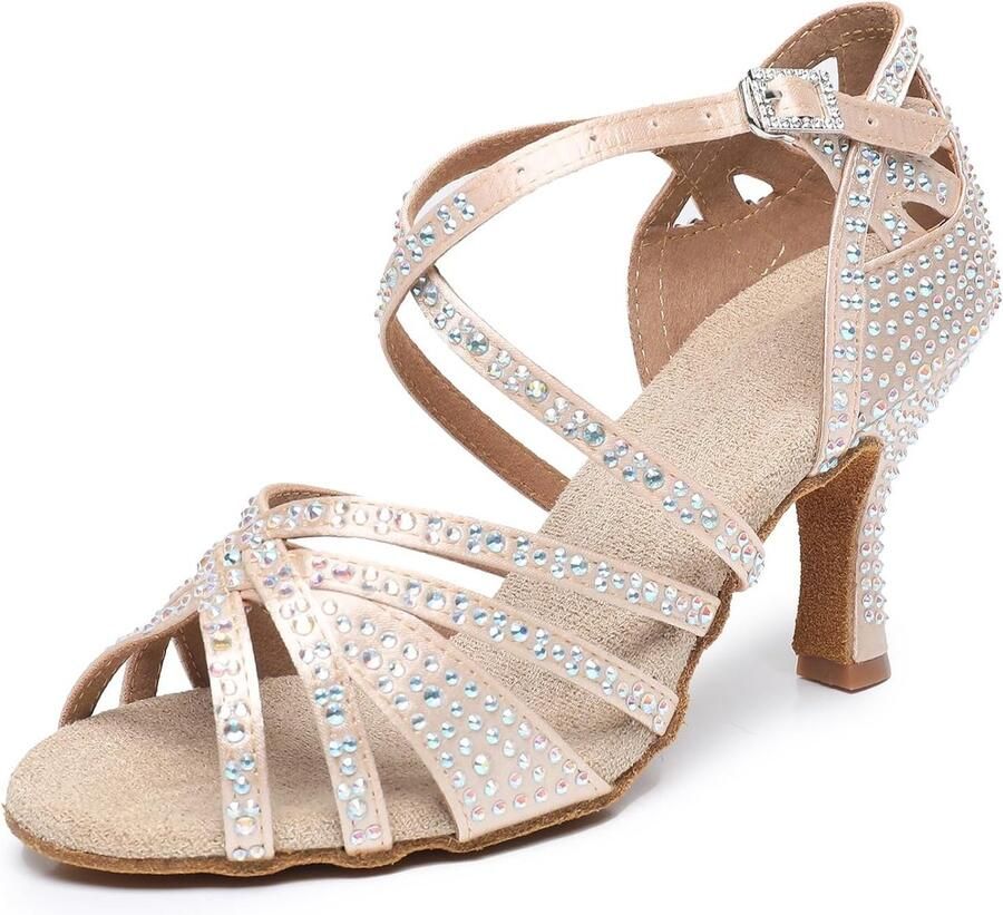 Dames Latijnse Dansschoenen met Strass Steentjes Zachte Zool Ballroom & Pole Dance Hakken